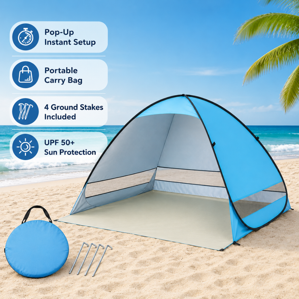 Namiot plażowy typu pop-up, niebieski, 200 x 165 x 130 cm, UPF50+, poliester, do biwakowania na plaży 2