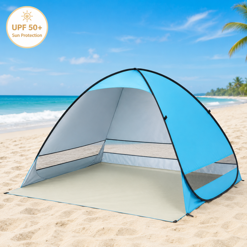 Namiot plażowy typu pop-up, niebieski, 200 x 165 x 130 cm, UPF50+, poliester, do biwakowania na plaży 5
