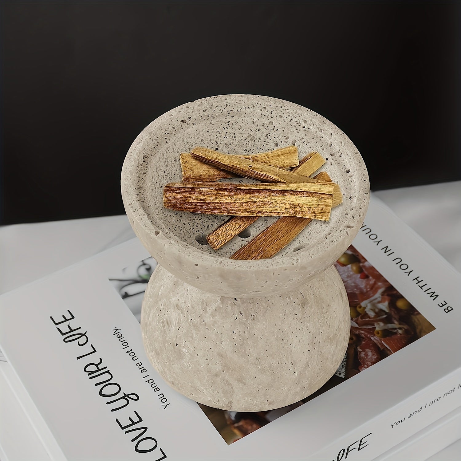 Natural Handcrafted Stone Incense Holder - Travertine Sphere with Wooden Base for Meditation Decor 5