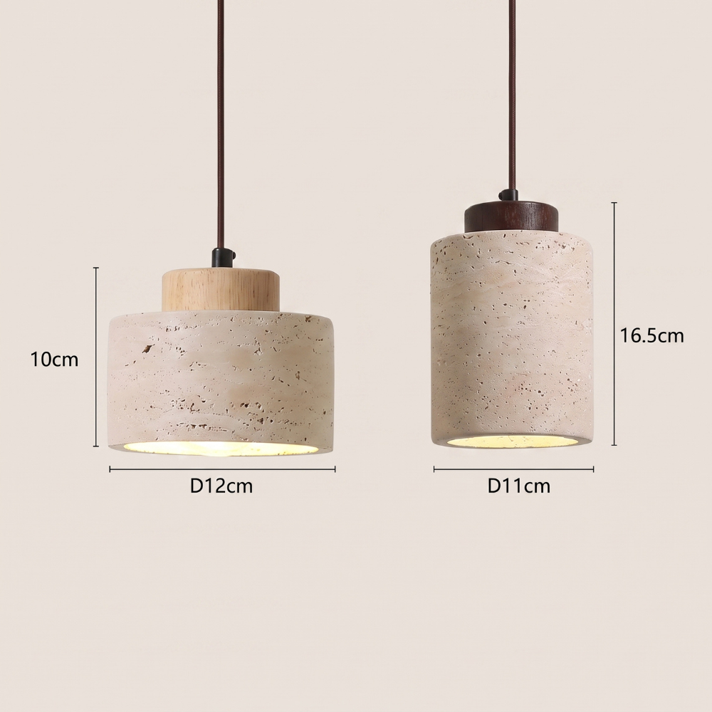 Wymiary lampy wiszącej z trawertynu: średnica 12 x wys. 10 cm oraz średnica 11 x wys. 16,5 cm