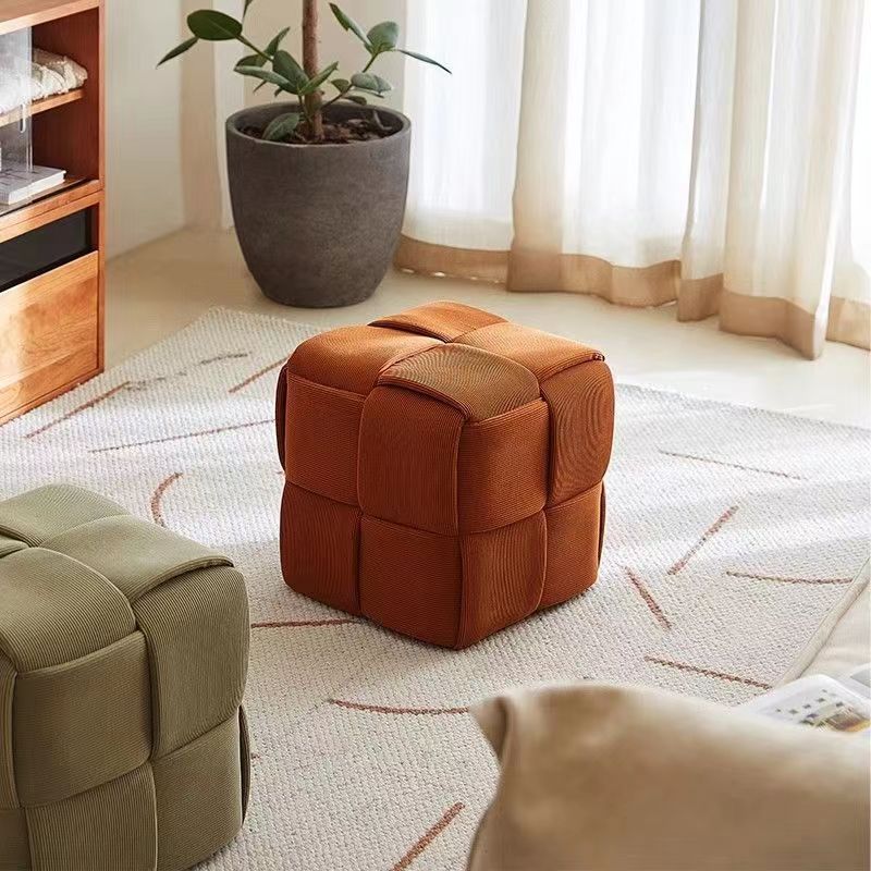 Nordic Wooden Stool 28x28cm - Soft White Corduroy Accent for Living Room 2