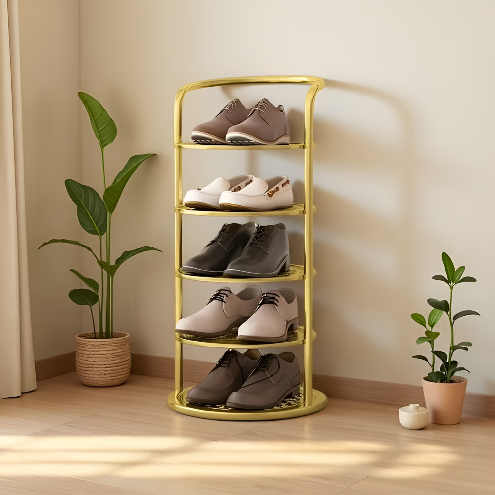 Nowoczesna, minimalistyczna szafka na buty z 5 półkami - Wytrzymała stal węglowa w kolorze złotym, zapewniająca oszczędność miejsca i porządek w przedpokoju 0