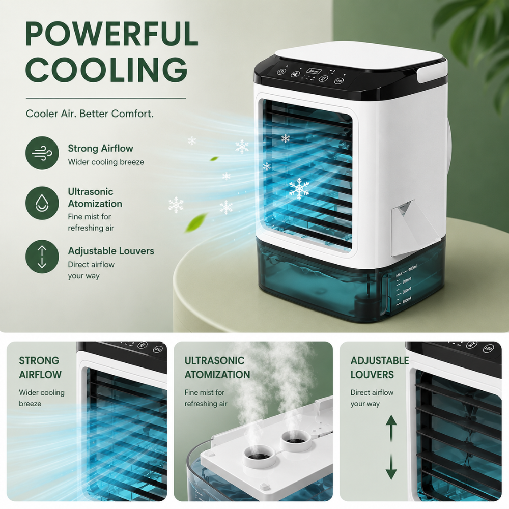 Przenośna mini chłodziarka powietrza USB z nawilżaczem, 3 prędkości, zbiornik na wodę 900 ml, lampka nocna LED 1