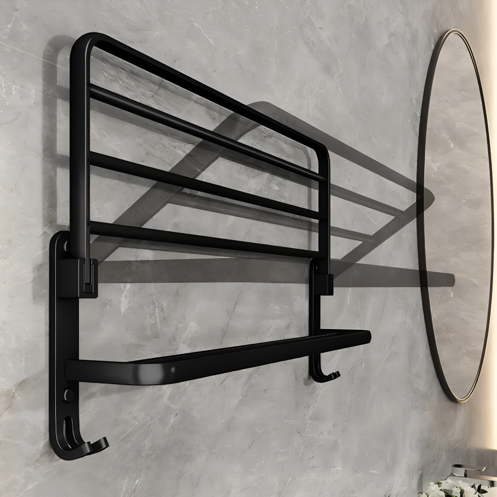 Wieszak na ręczniki łazienkowy 50 cm – czarny aluminiowy reling z haczykami, montaż ścienny