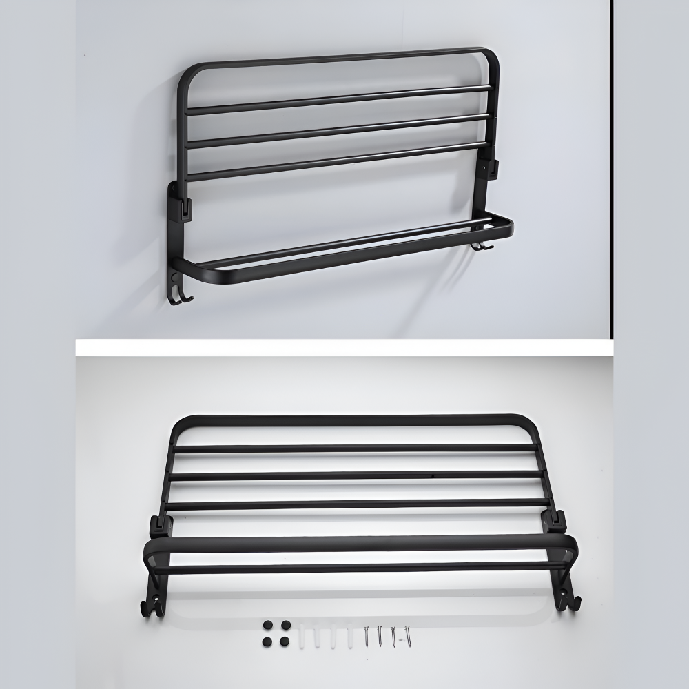 Wieszak na ręczniki łazienkowy 50 cm – czarny aluminiowy reling z haczykami, montaż ścienny