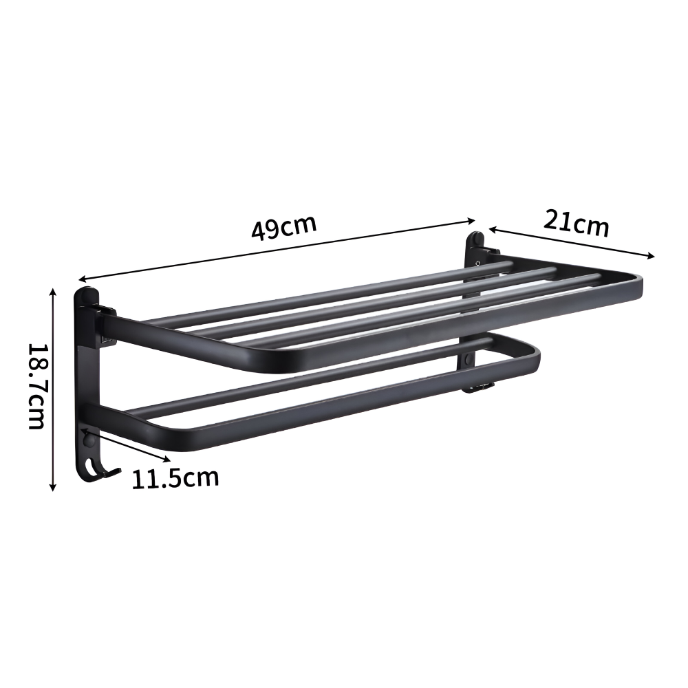 Wieszak na ręczniki łazienkowy 50 cm – czarny aluminiowy reling z haczykami, montaż ścienny