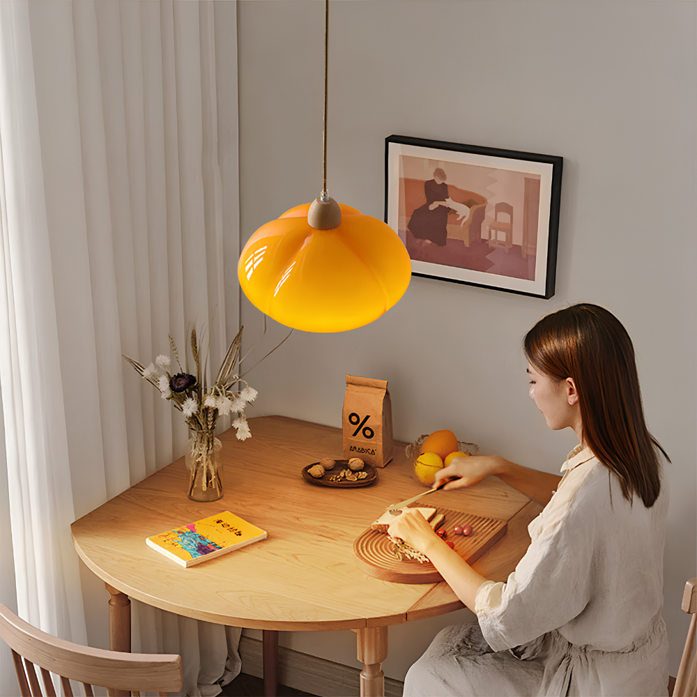 Szklana Lampa Wisząca Retro z Drewnianym Akcentem – 1-Punktowa Lampa Sufitowa do Kuchni, Jadalni i Salonu