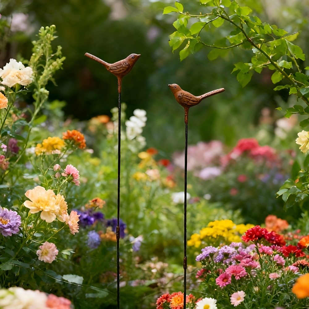 Vintage Cast Iron Garden Stake Set of 2 - Rusty 3D Bird Design for Outdoor Decor 2