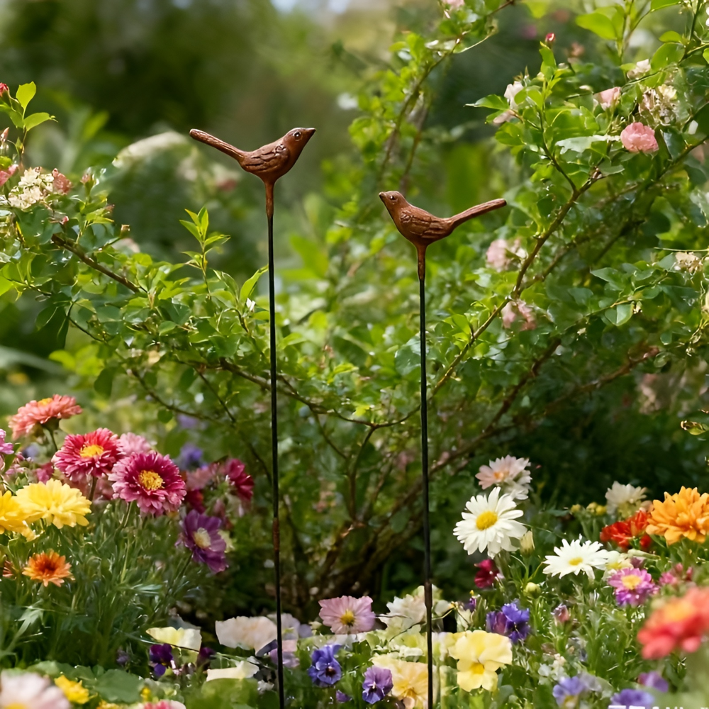 Vintage Cast Iron Garden Stake Set of 2 - Rusty 3D Bird Design for Outdoor Decor 3