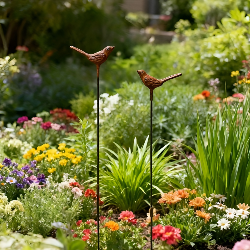 Vintage Cast Iron Garden Stake Set of 2 - Rusty 3D Bird Design for Outdoor Decor 5