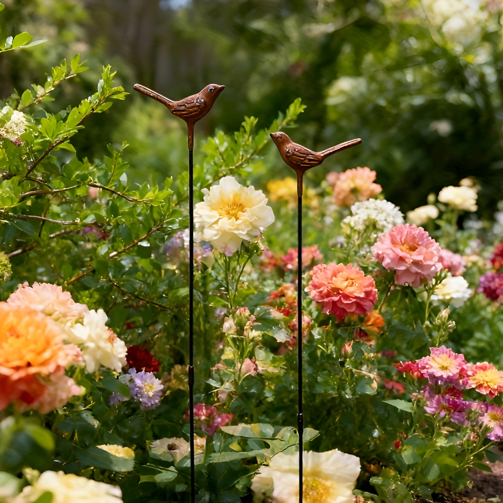 Vintage Cast Iron Garden Stake Set of 2 - Rusty 3D Bird Design for Outdoor Decor 6
