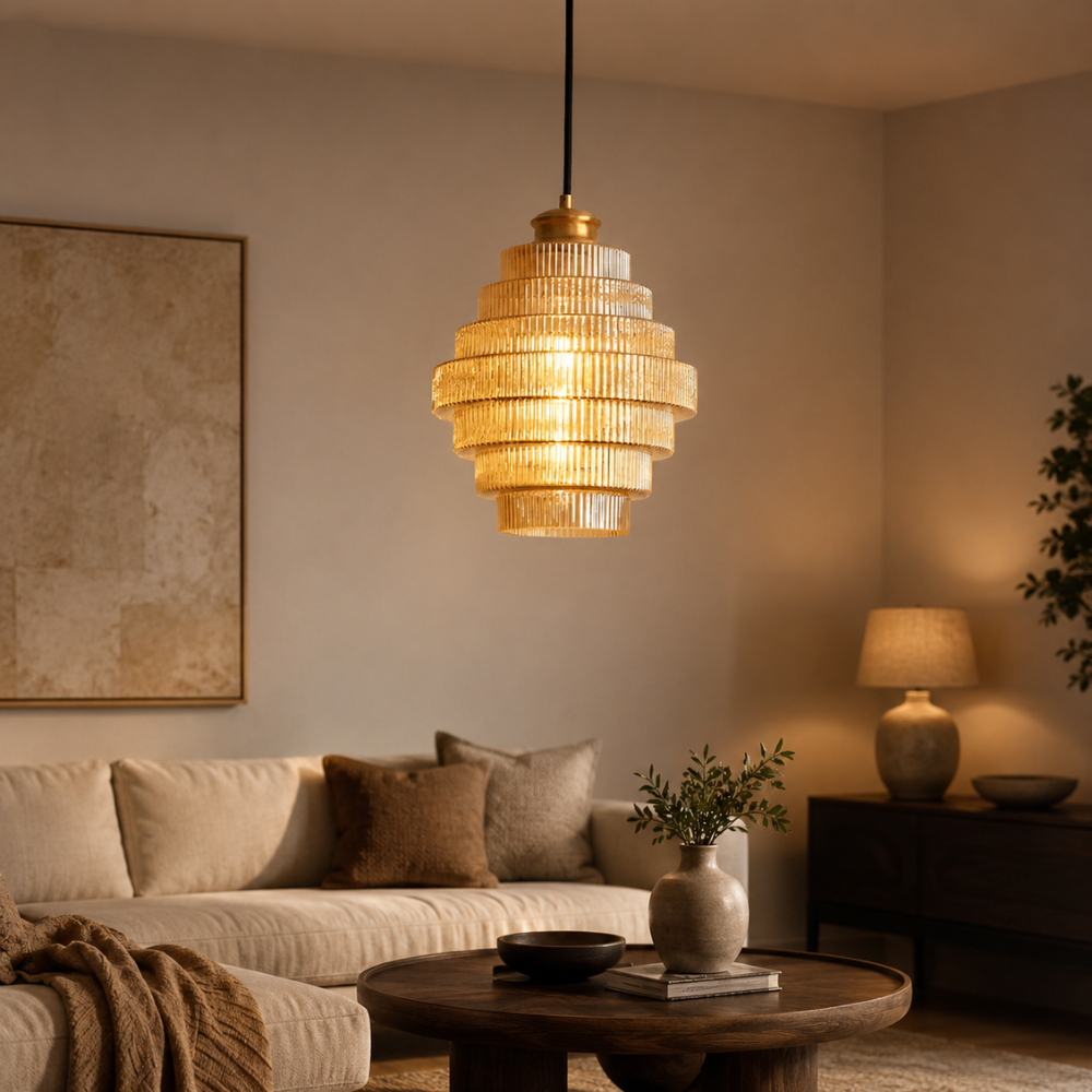 Warstwowa Lampa Wisząca Vintage – Prążkowany Klosz z Efektem Szkła do Jadalni, Salonu i Sypialni