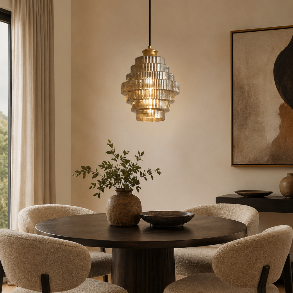 Warstwowa Lampa Wisząca Vintage – Prążkowany Klosz z Efektem Szkła do Jadalni, Salonu i Sypialni