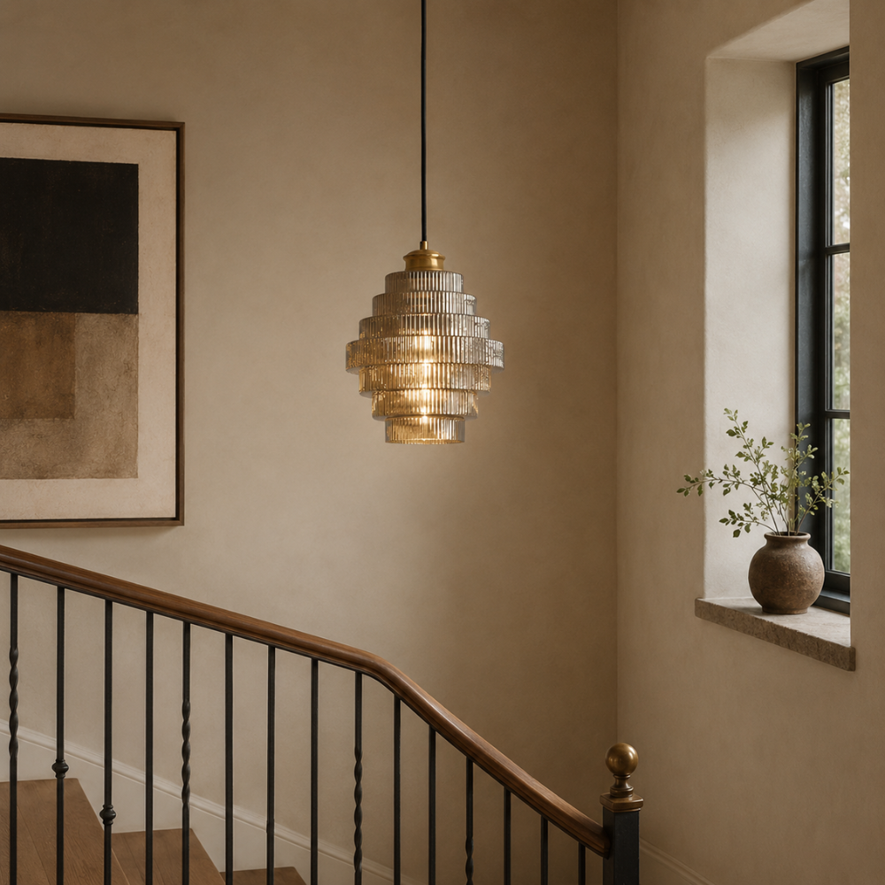 Warstwowa Lampa Wisząca Vintage – Prążkowany Klosz z Efektem Szkła do Jadalni, Salonu i Sypialni