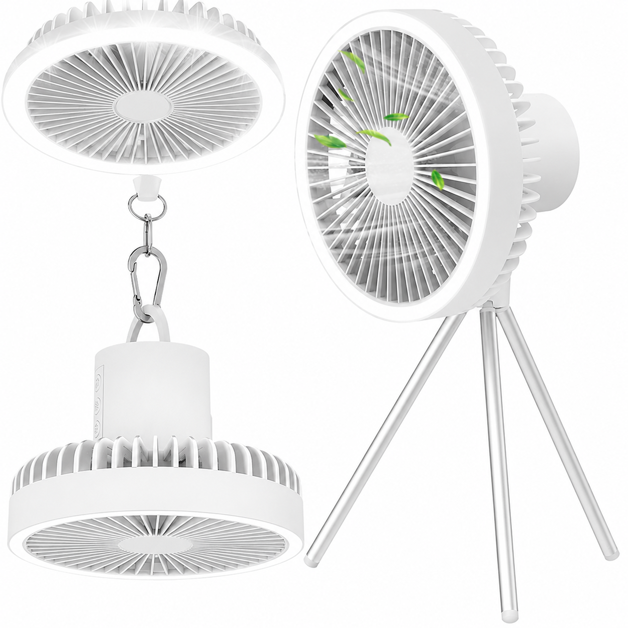 Wentylator kempingowy z oświetleniem LED, baterią USB, power bankiem, wiszący lub ze statywem do namiotu, do użytku na zewnątrz 1