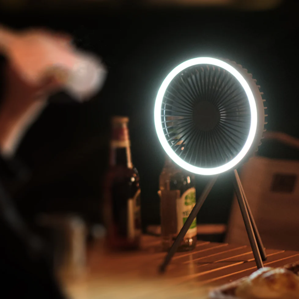 Wentylator kempingowy z oświetleniem LED, baterią USB, power bankiem, wiszący lub ze statywem do namiotu, do użytku na zewnątrz 4