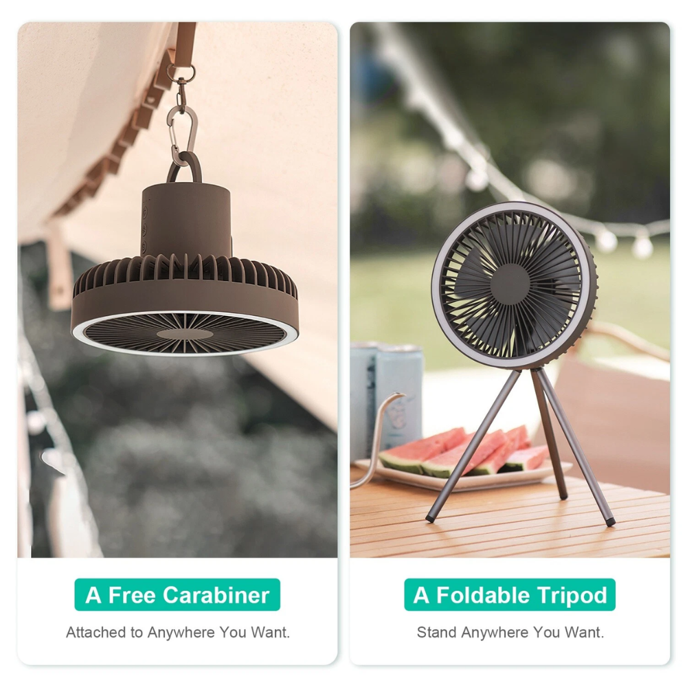 Wentylator kempingowy z oświetleniem LED, baterią USB, power bankiem, wiszący lub ze statywem do namiotu, do użytku na zewnątrz 8