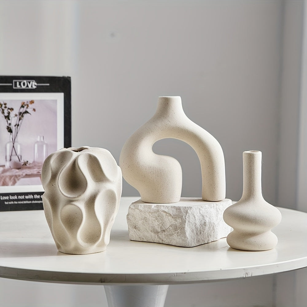 Zestaw 3 ceramicznych wazonów geometrycznych - 15 cm Wazony Boho Donut i nordycki design 0