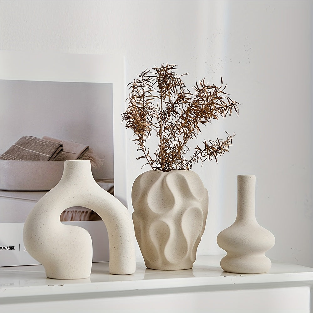 Zestaw 3 ceramicznych wazonów geometrycznych - 15 cm Wazony Boho Donut i nordycki design 3
