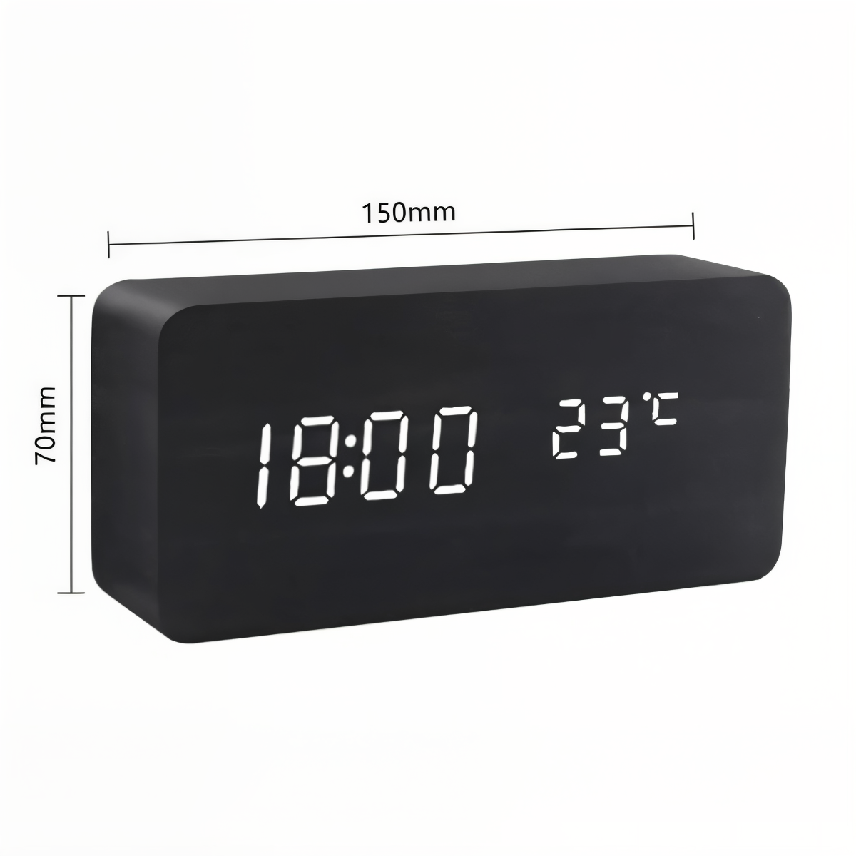 Wymiary prostokątnego budzika elektronicznego 150 x 70 mm