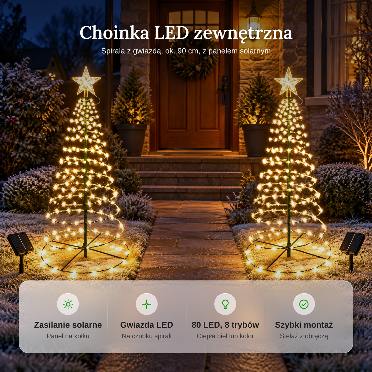 Zalety choinki LED zewnętrznej: zasilanie solarne, gwiazda LED na czubku, 80 LED i 8 trybów, szybki montaż
