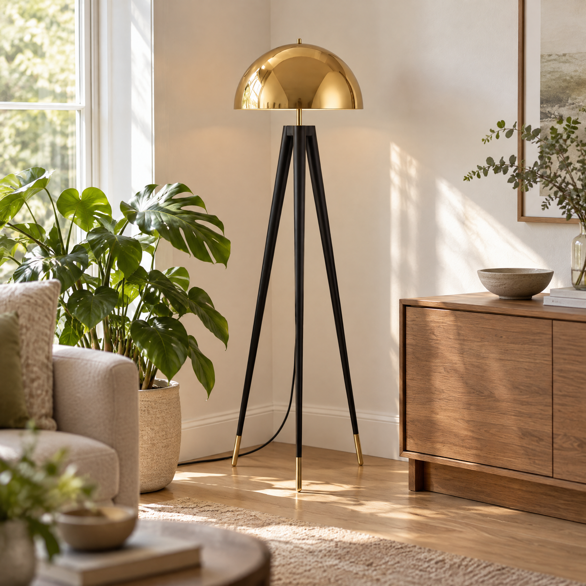 Lampa stojąca trójnóg w rogu pokoju obok komody i dużej rośliny w świetle dziennym
