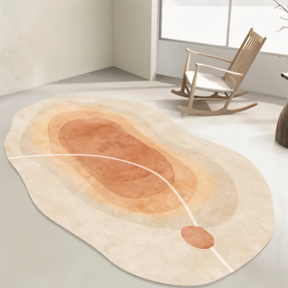 Dywan pluszowy wzór A przy drewnianym bujanym fotelu w jasnym pokoju