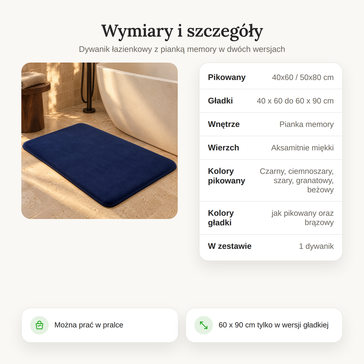 Wymiary i szczegóły dywanika z pianką memory, pikowanego i gładkiego