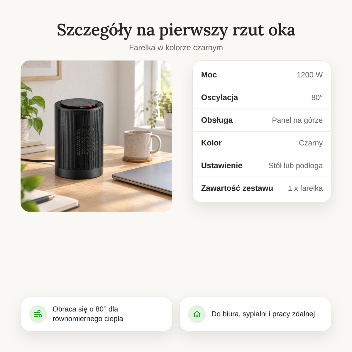 Szczegóły farelki elektrycznej w kolorze czarnym z mocą i oscylacją
