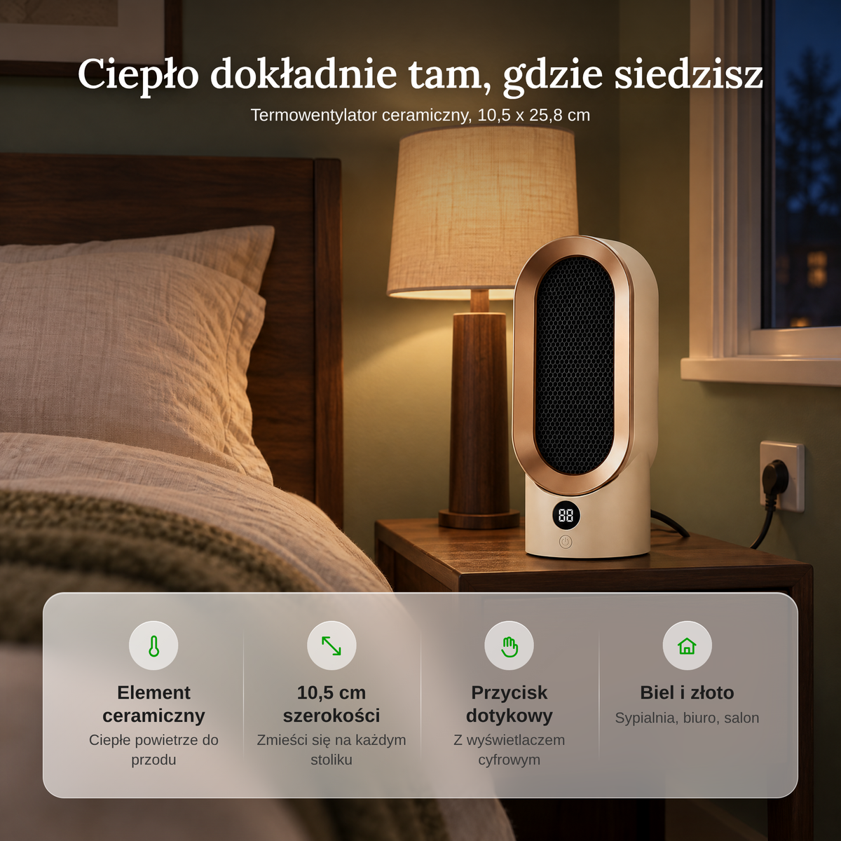 Zalety farelki ceramicznej: element ceramiczny, 10,5 cm szerokości, przycisk dotykowy z wyświetlaczem, biel i złoto