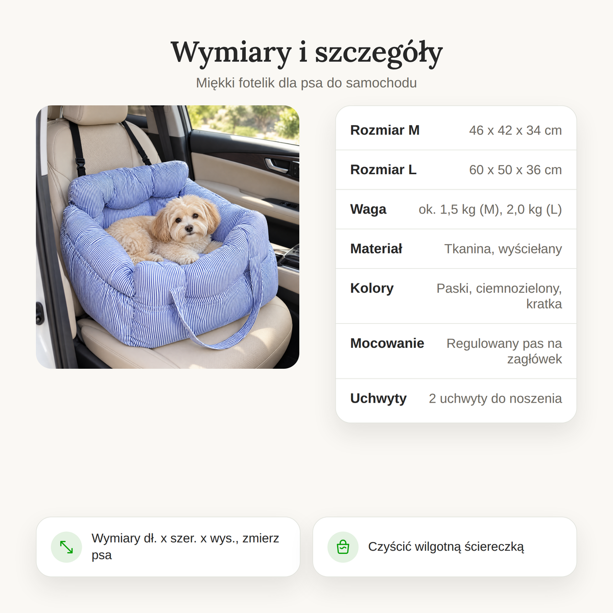 Wymiary fotelika samochodowego dla psa: M 46 x 42 x 34 cm, L 60 x 50 x 36 cm
