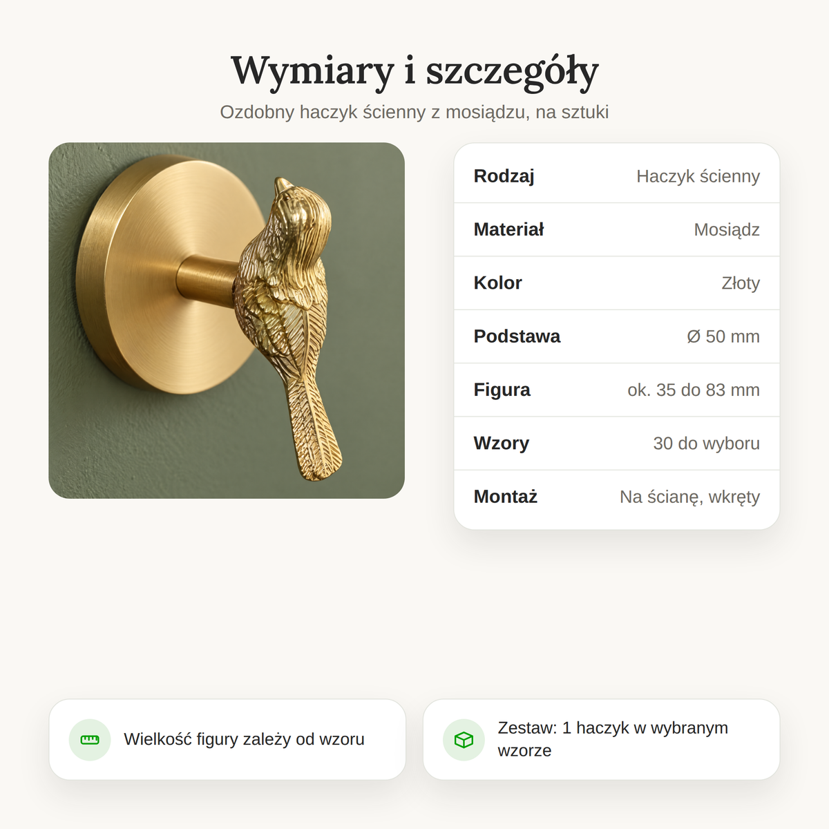 Wymiary i szczegóły: podstawa Ø 50 mm, figura ok. 35 do 83 mm, mosiądz w kolorze złotym