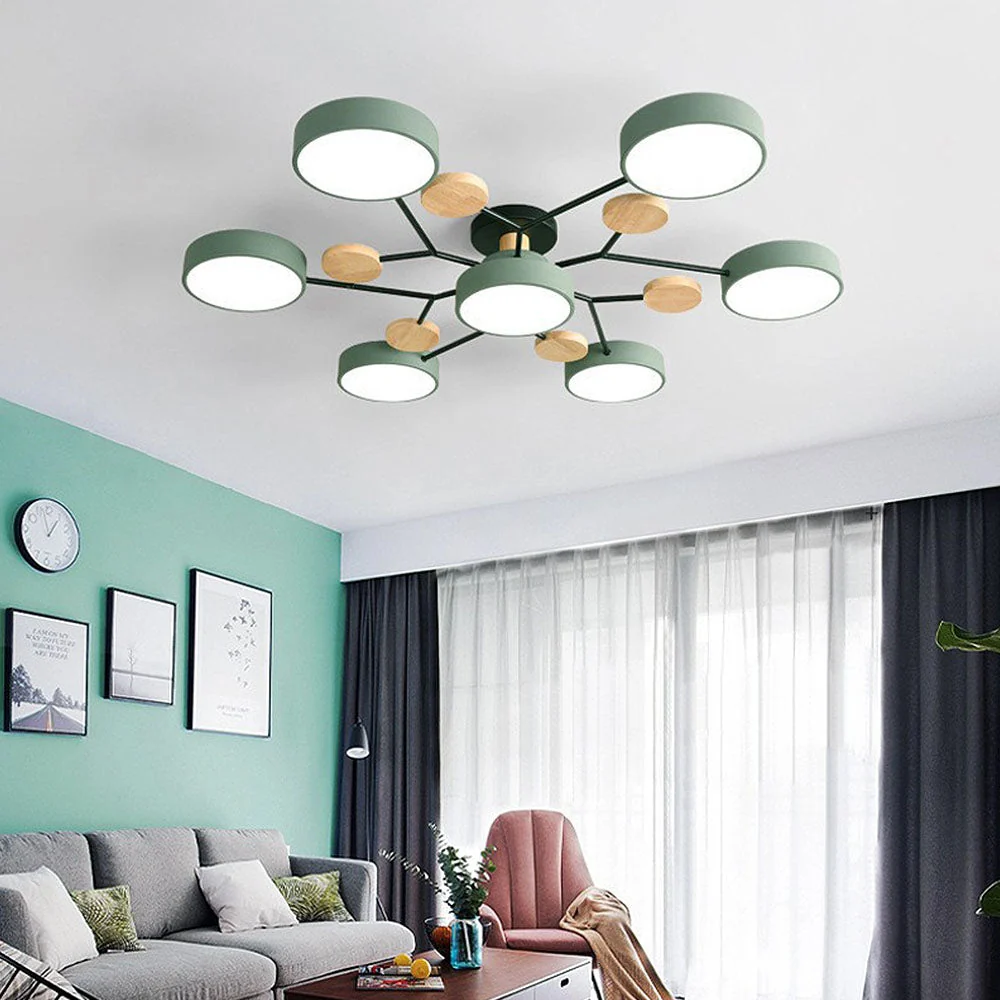 Zielona lampa sufitowa LED z 7 punktami świetlnymi w salonie w kolorze miętowym