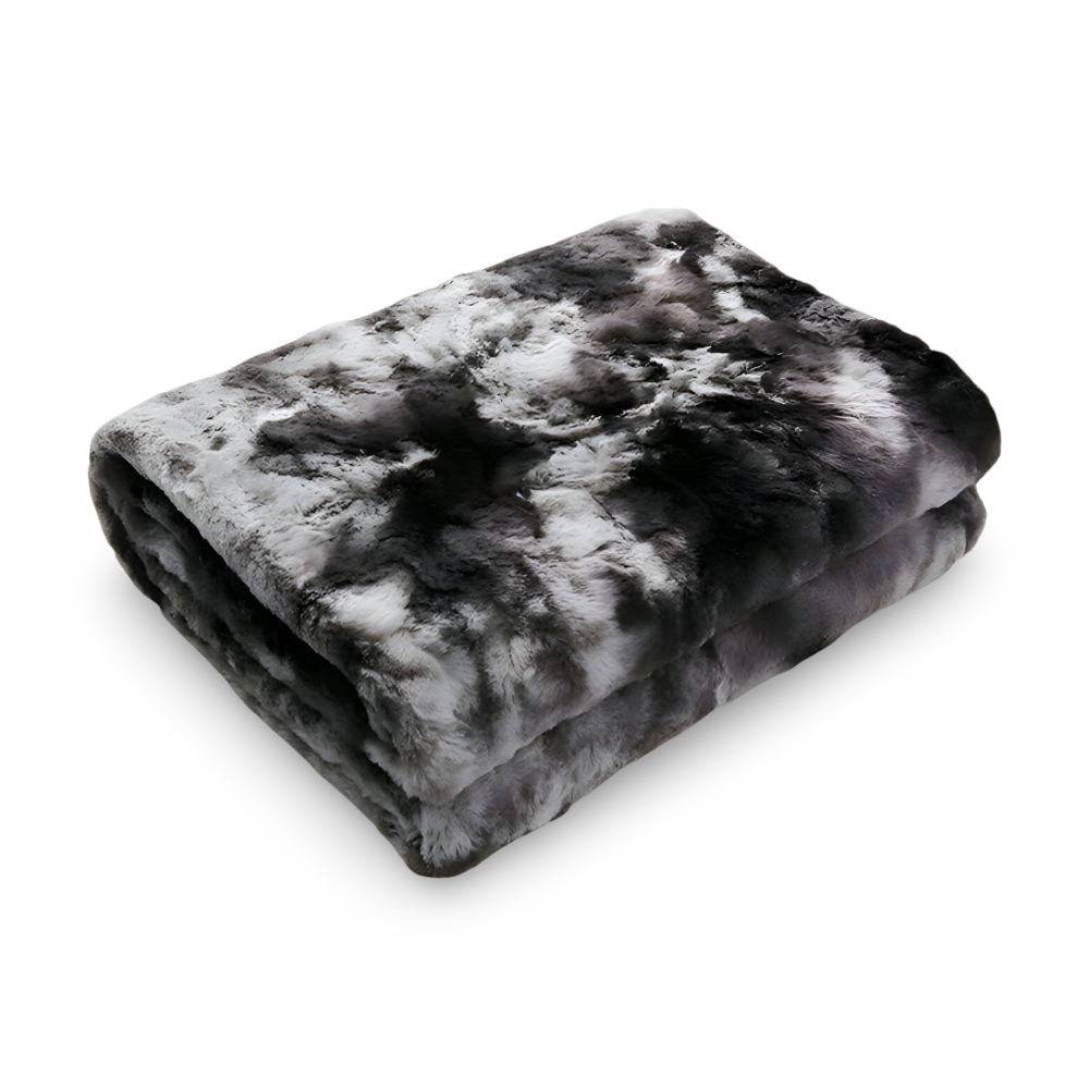 Złożony czarno-szary koc z długim włosiem tie-dye
