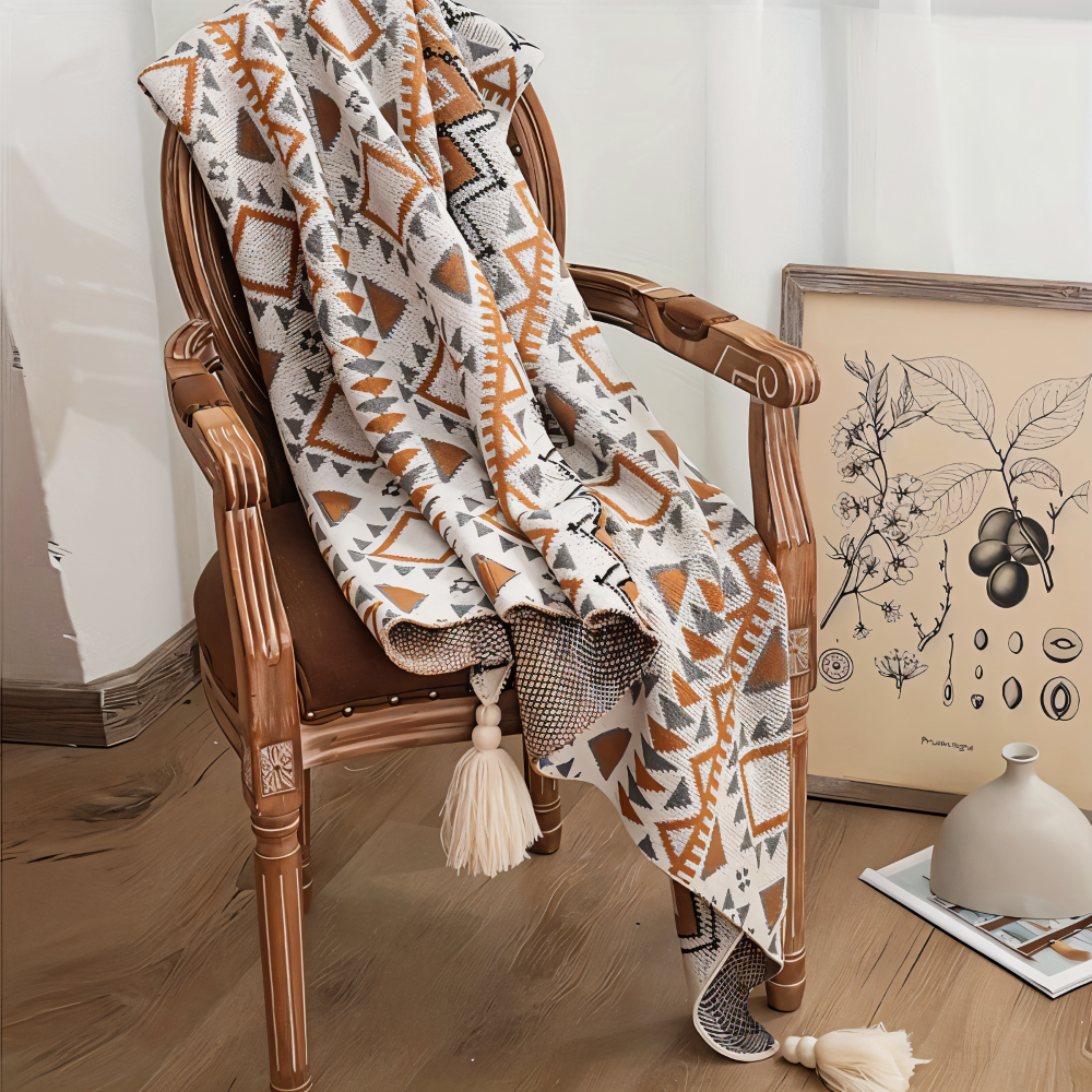 Koc boho w geometryczny wzór przewieszony przez drewniane krzesło