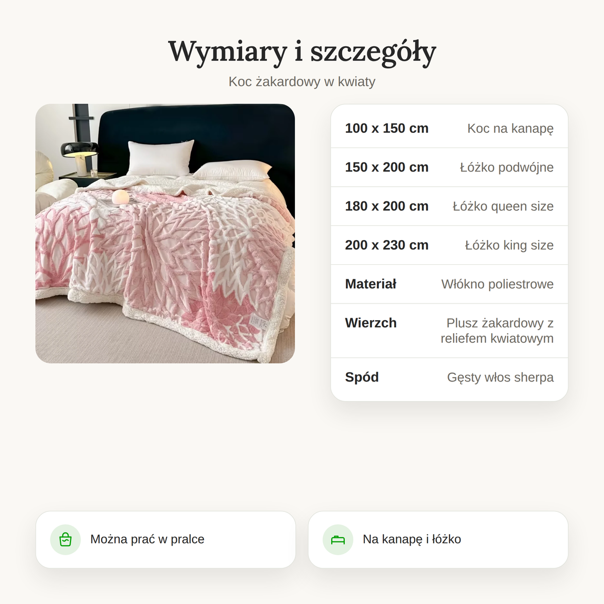 Tabela wymiarów koca żakardowego od 100x150 do 200x230 cm z materiałem
