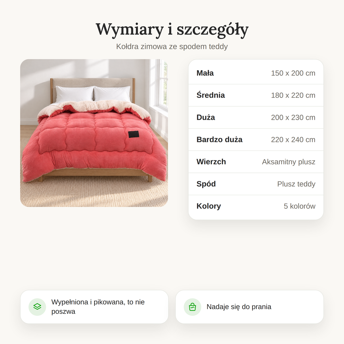 Wymiary kołdry: od 150 x 200 cm do 220 x 240 cm