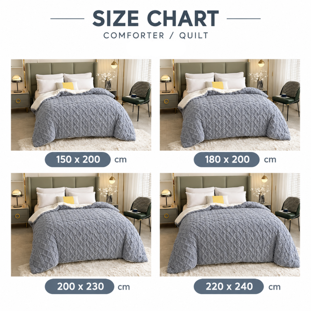Tabela rozmiarów kołdry zimowej: 150x200, 180x200, 200x230 i 220x240 cm