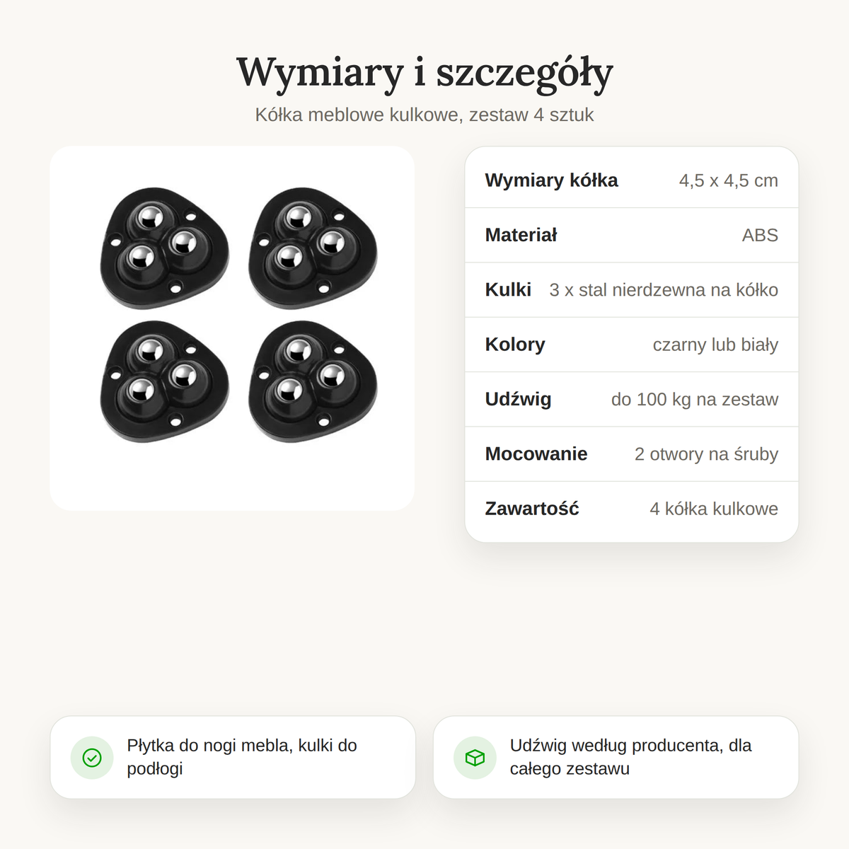 Wymiary i szczegóły kółek do mebli