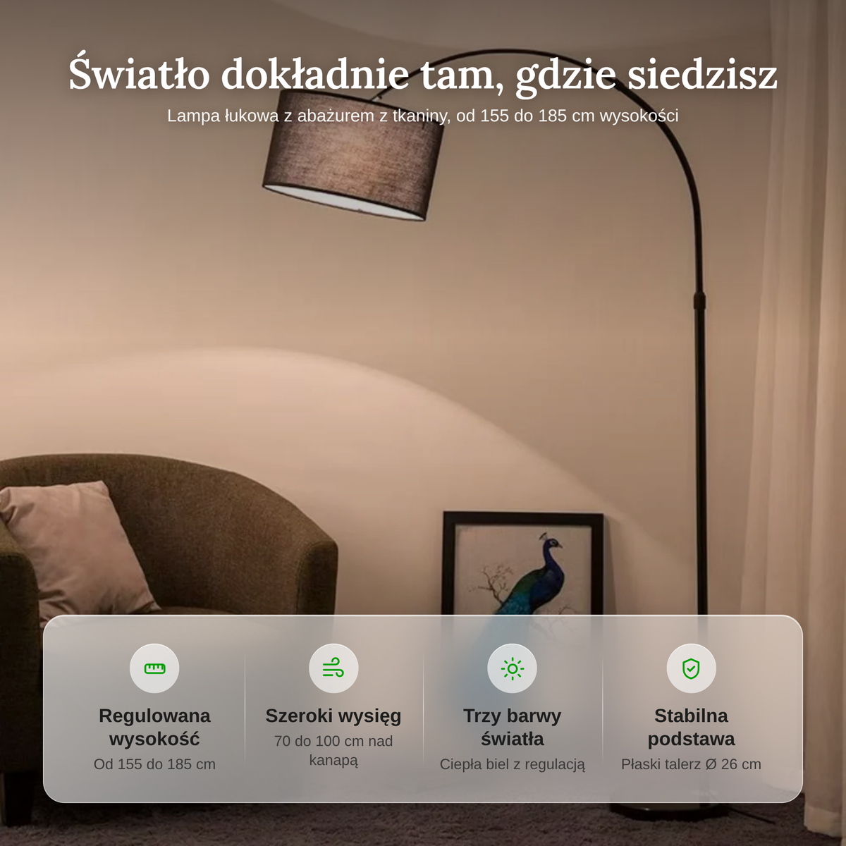 Zestawienie cech lampy łukowej: wysokość, wysięg, barwy światła i podstawa