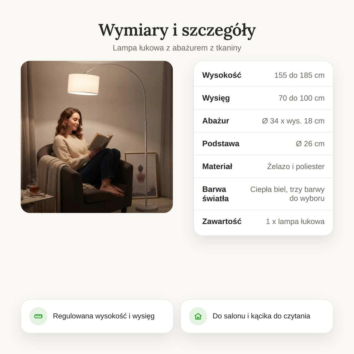 Tabela wymiarów lampy łukowej z wysokością całkowitą, wysięgiem oraz wymiarem abażuru i podstawy