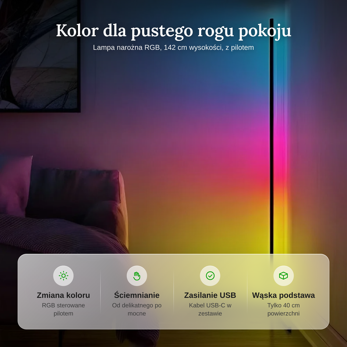 Zestawienie cech lampy narożnej LED: zmiana kolorów, ściemnianie, zasilanie USB i wąska podstawa