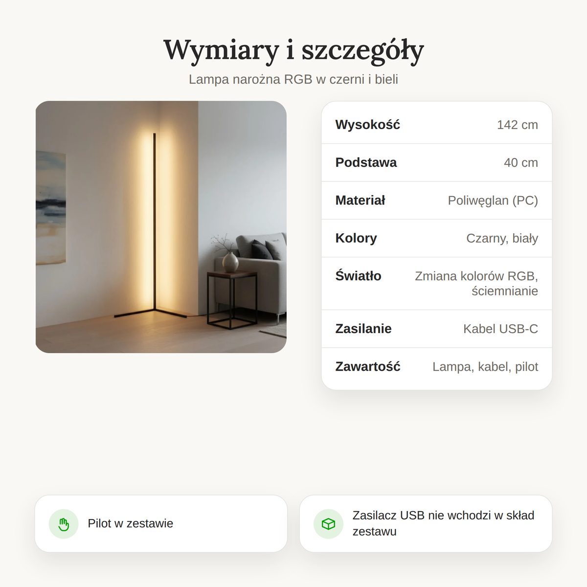 Tabela wymiarów lampy narożnej LED z wysokością 142 cm, podstawą 40 cm i zawartością zestawu