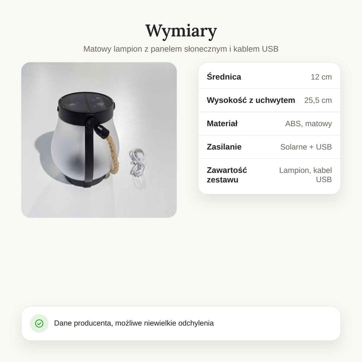 Wymiary i szczegóły lampy solarnej: Ø 12 cm, wysokość 25,5 cm z uchwytem, matowe ABS