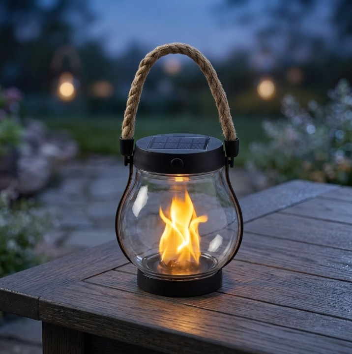 Lampion solarny z przezroczystym szkłem i efektem płomienia na stole ogrodowym wieczorem