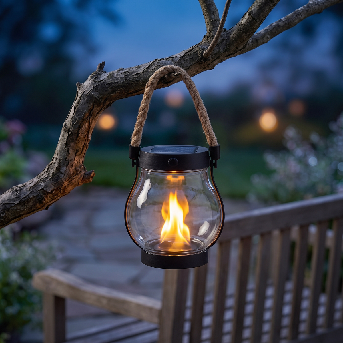 Lampion solarny z przezroczystym szkłem na gałęzi nad ławką ogrodową