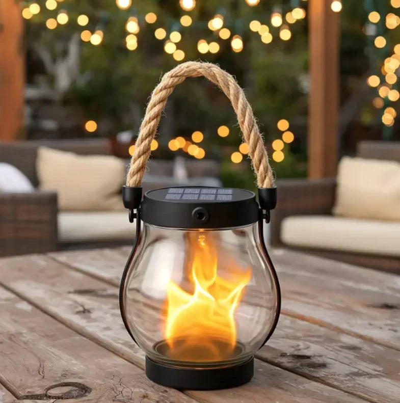 Lampion solarny z przezroczystym szkłem na drewnianym stole na tle girlandy świetlnej