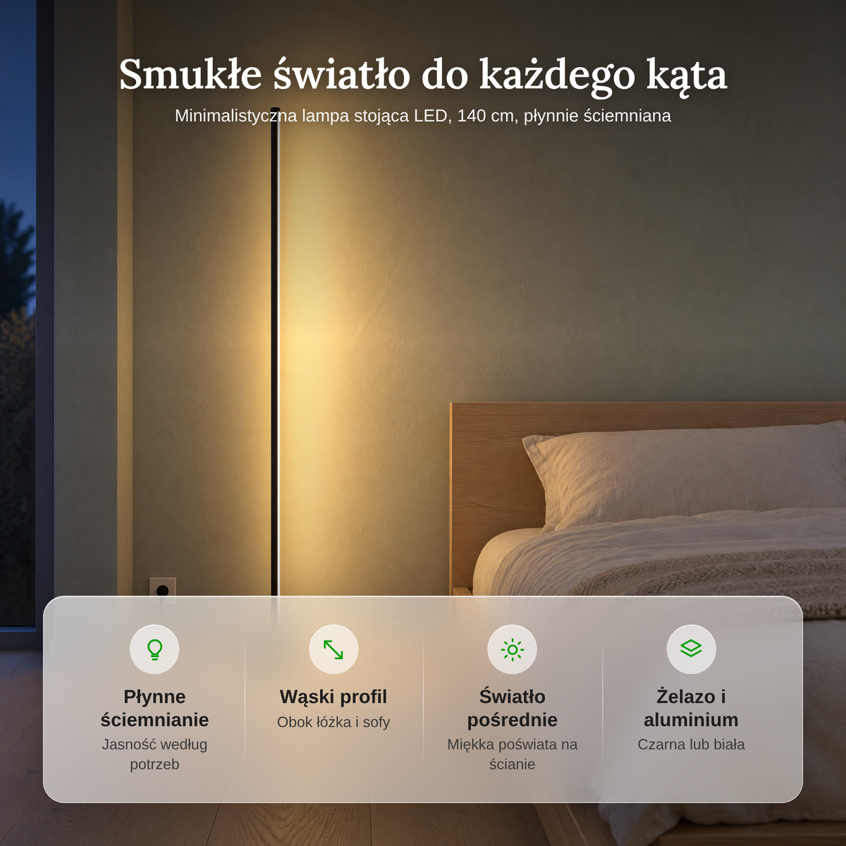 Zalety ściemnialnej lampy stojącej LED: płynne ściemnianie, wąski profil, światło pośrednie, żelazo i aluminium