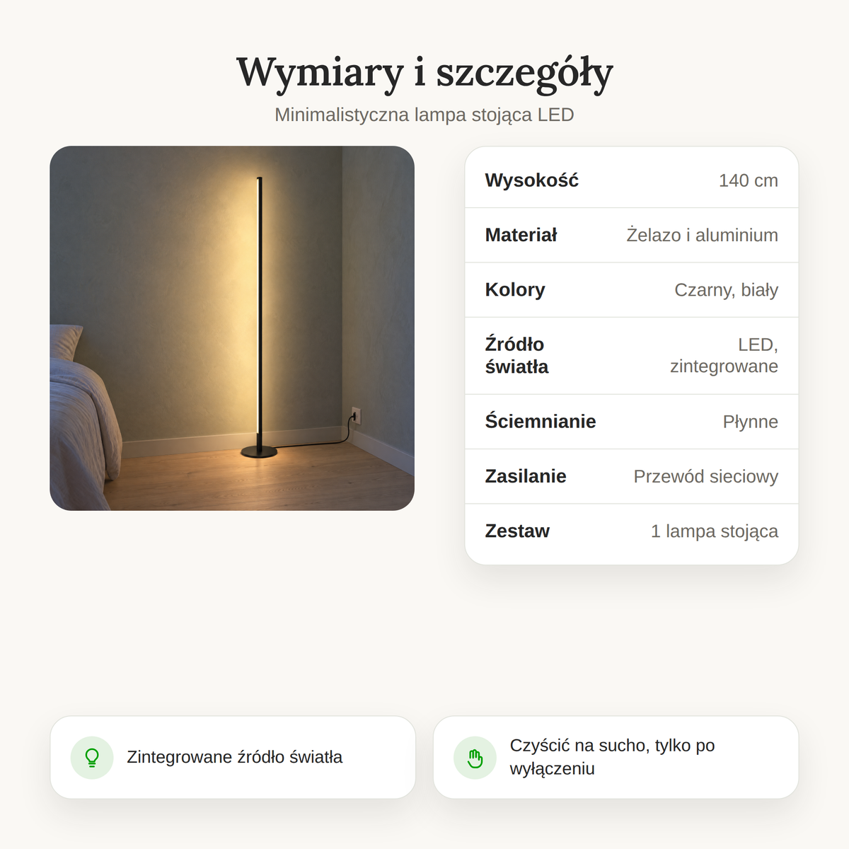 Wymiary i szczegóły lampy stojącej LED: wysokość 140 cm, żelazo i aluminium, czarna lub biała
