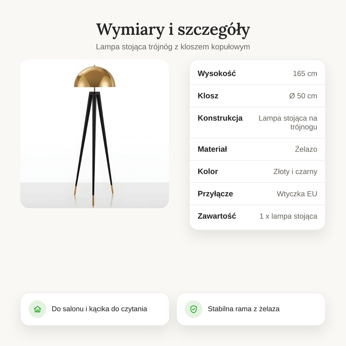 Tabela wymiarów lampy stojącej trójnóg z wysokością 165 cm i średnicą klosza 50 cm